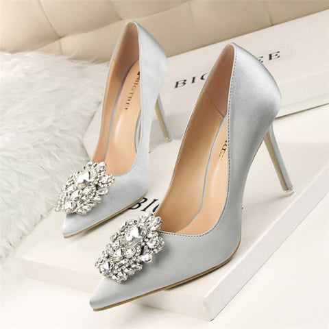 Shoes Faux Silk Satin Rhinestone Crystal Shallow Pumps Stiletto High Heel