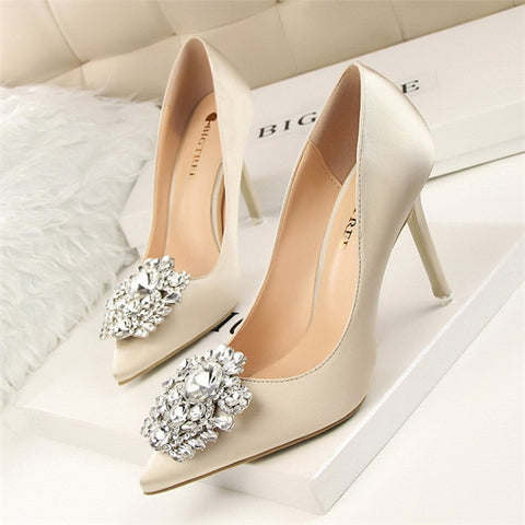 Shoes Faux Silk Satin Rhinestone Crystal Shallow Pumps Stiletto High Heel