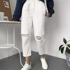 Jeans Trendy Simple Style All-match Solid Hole Soft High Waist