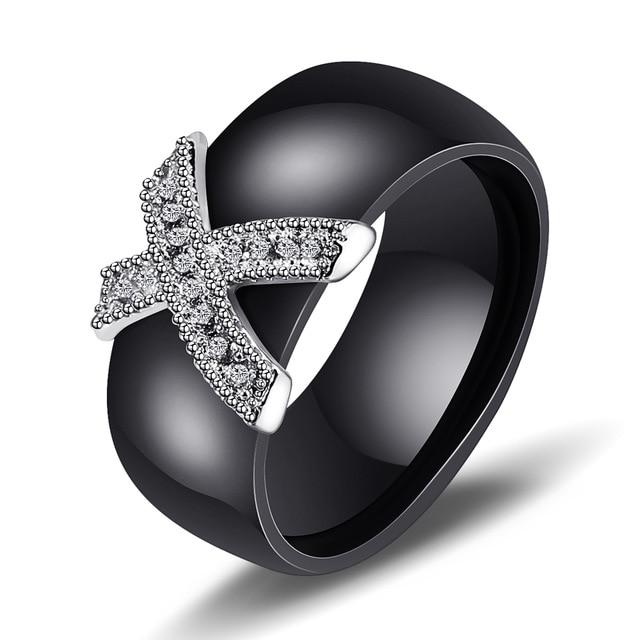 6mm White Black Ceramic Rings Plus Cubic Zirconia