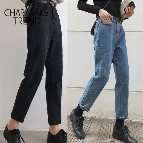 Women‘s Jeans Pant Black Crop Jeans Students Vintage Solid