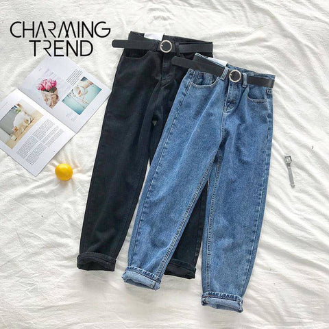 Women‘s Jeans Pant Black Crop Jeans Students Vintage Solid