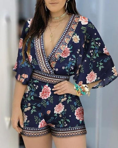 Deep V Neck Floral Half Sleeve Romper
