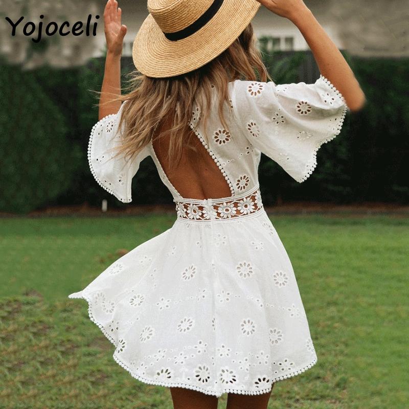 sexy white crochet hollow out dress flare sleeve embroidery