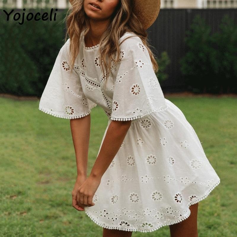 sexy white crochet hollow out dress flare sleeve embroidery