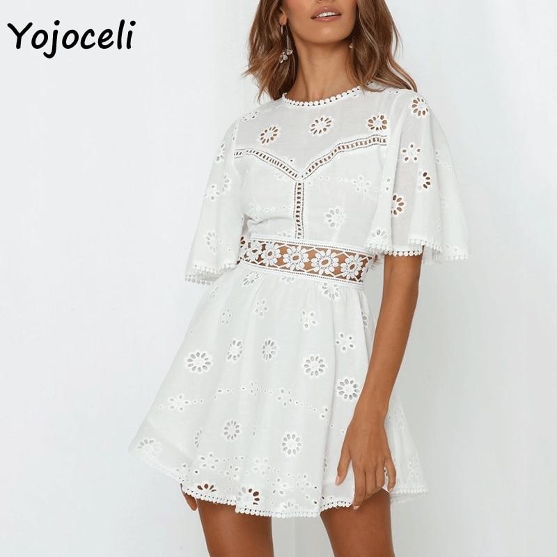 sexy white crochet hollow out dress flare sleeve embroidery