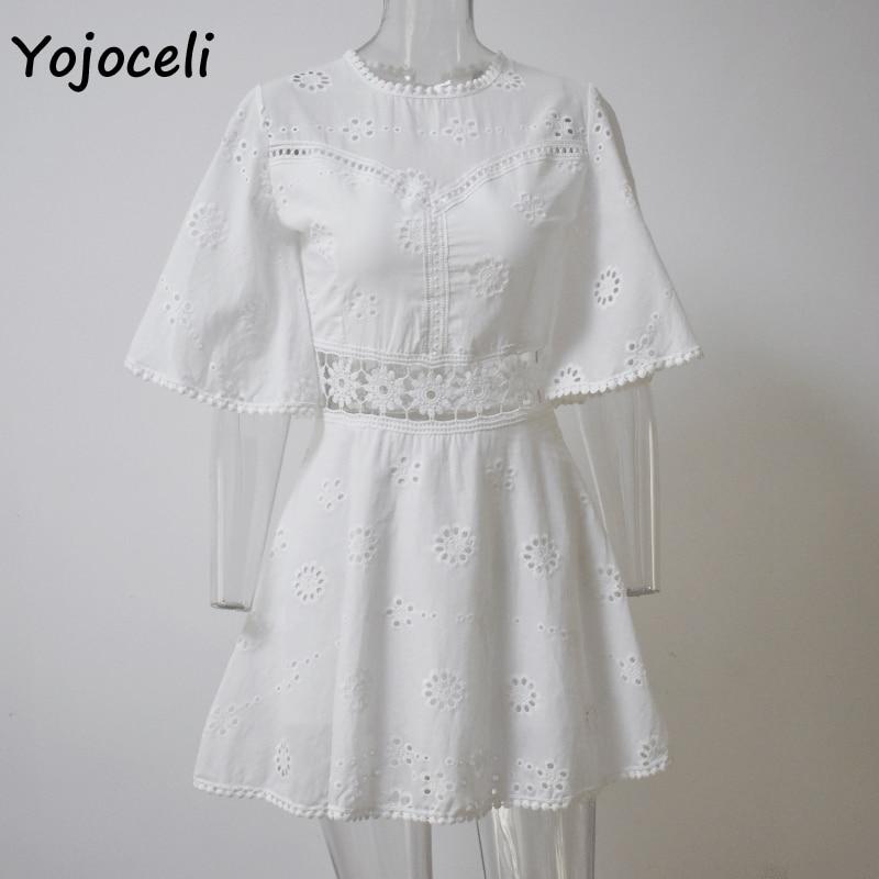 sexy white crochet hollow out dress flare sleeve embroidery