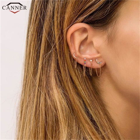 Rainbow Zircon Moon Star Stud Earrings
