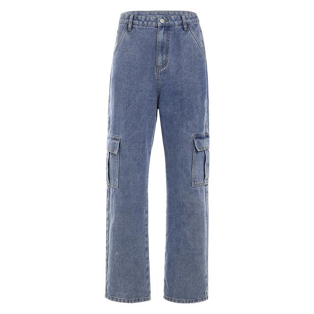 Pockets Patchwork High Waist Jeans Streetwear Straight