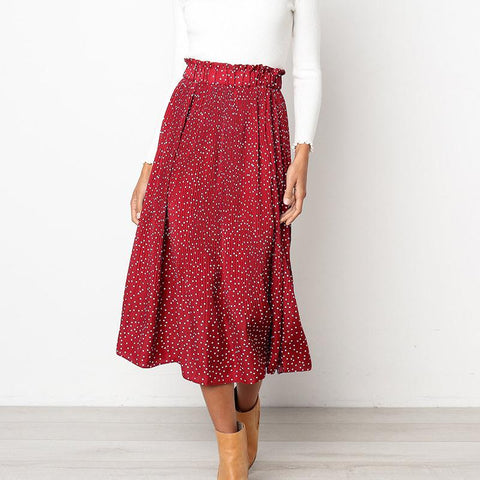Dots Floral Print Pleated Midi Skirt