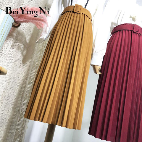 High Waist Casual Vintage Solid Belted Pleated Midi Skirt