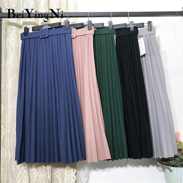 High Waist Casual Vintage Solid Belted Pleated Midi Skirt