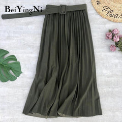 High Waist Casual Vintage Solid Belted Pleated Midi Skirt