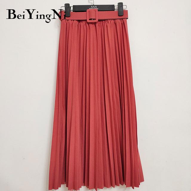 High Waist Casual Vintage Solid Belted Pleated Midi Skirt