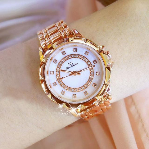 Rhinestone Elegant Ladies Gold Clock Wrist Watches