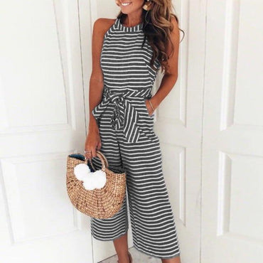 Striped Printed Lace-up Pocket O-neck Sleeveless Long Wide Jumpsuit