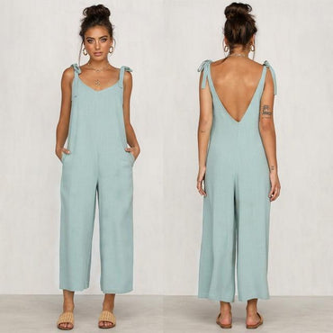 Casual Loose Linen Cotton Jumpsuit Sleeveless Backless Playsuit