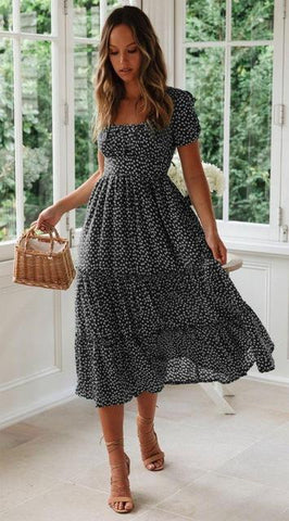 Vintage Print Puff Sleeve Dress Sweet Casual Square Collar Floral Print