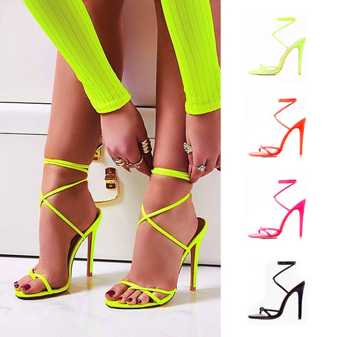 Sandals Candy Color Point Toe Lace Ankle Strap Party High Heels Pumps