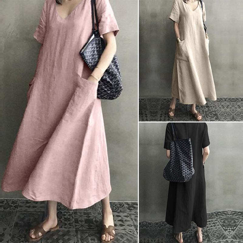 Long Maxi Dress Casual Cotton Linen  Ladies Big Pockets