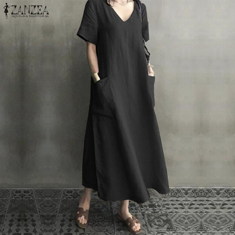 Long Maxi Dress Casual Cotton Linen  Ladies Big Pockets