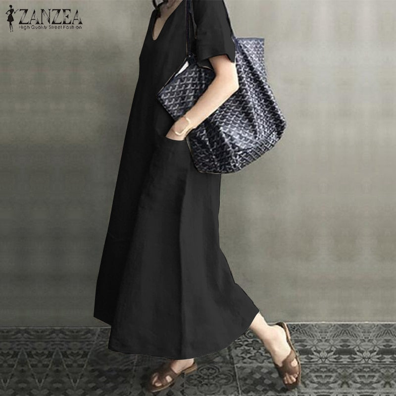 Long Maxi Dress Casual Cotton Linen  Ladies Big Pockets