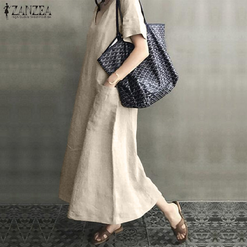 Long Maxi Dress Casual Cotton Linen  Ladies Big Pockets