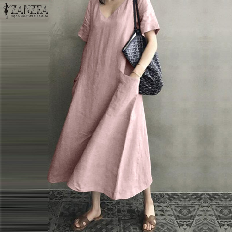 Long Maxi Dress Casual Cotton Linen  Ladies Big Pockets