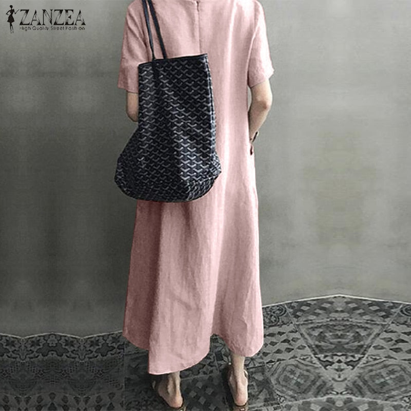 Long Maxi Dress Casual Cotton Linen  Ladies Big Pockets