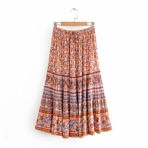 Vintage Boho Floral Print Elastic Sashes Gypsy Skirt
