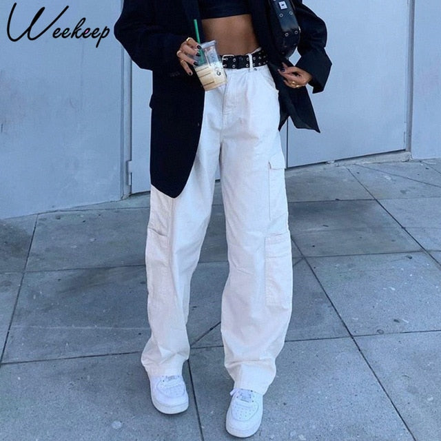 Fashion Pocket White Women's Jeans Streetwear High Waist