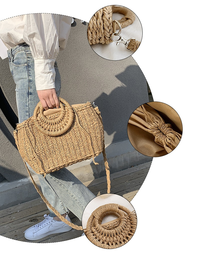 Straw Bags Crossbody Shoulder Travel Handbag Rattan