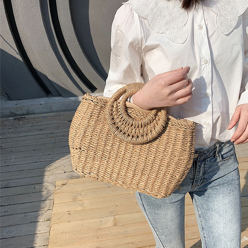 Straw Bags Crossbody Shoulder Travel Handbag Rattan