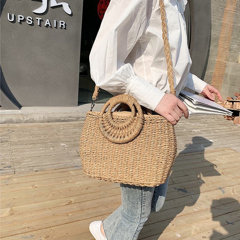 Straw Bags Crossbody Shoulder Travel Handbag Rattan