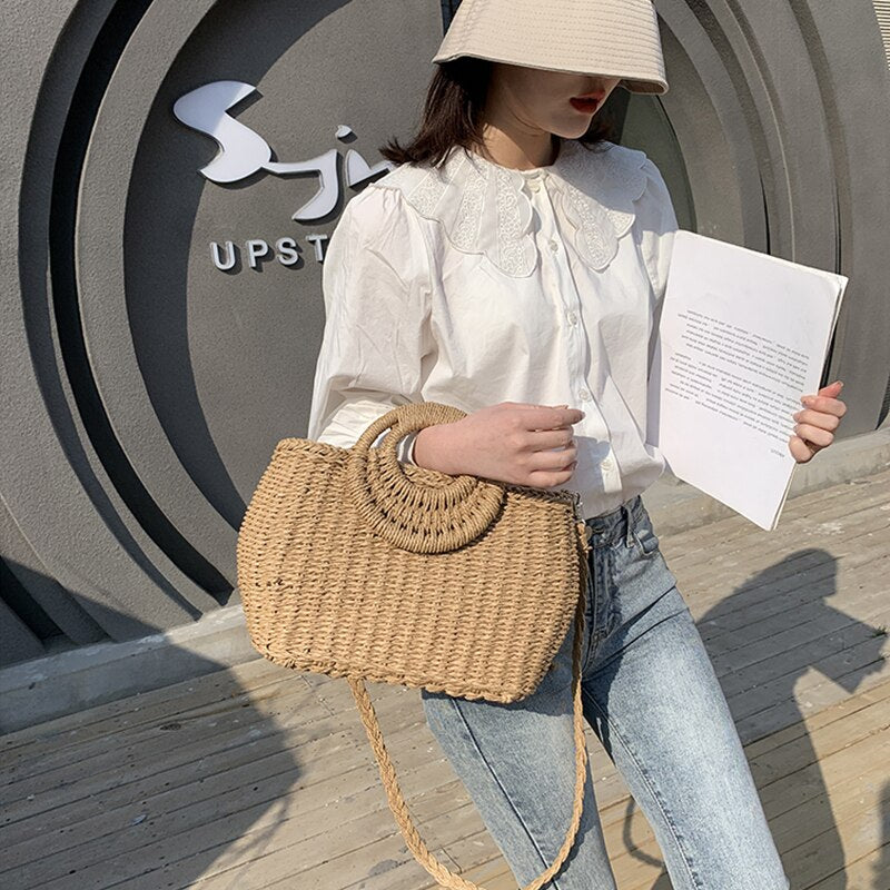 Straw Bags Crossbody Shoulder Travel Handbag Rattan