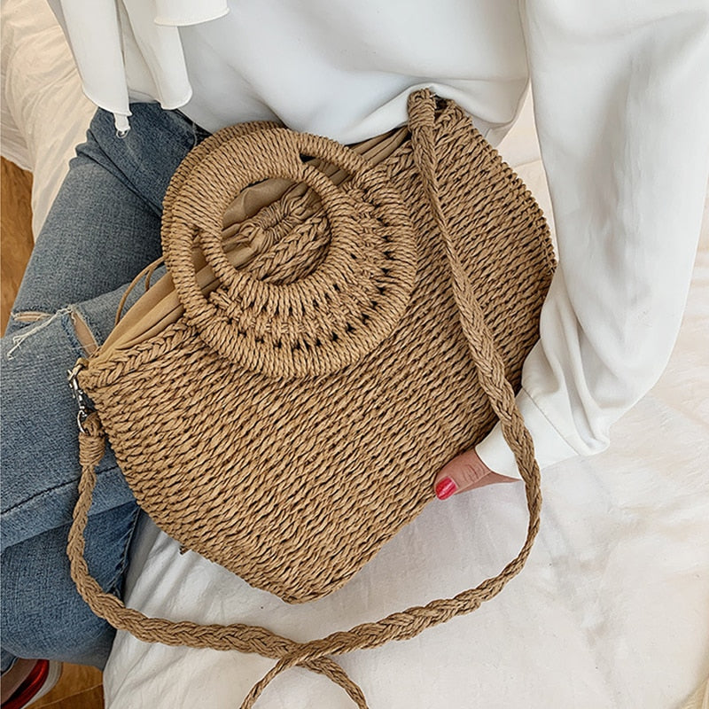 Straw Bags Crossbody Shoulder Travel Handbag Rattan