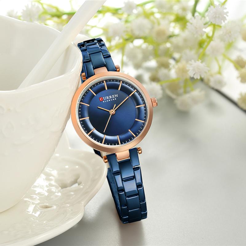 Fashion Luxury Ladies Watches Ultra Thin Golden Blue Steel Mesh Quartz