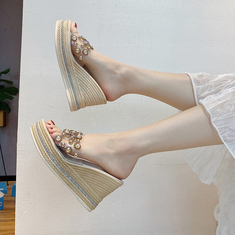 9CM Super High Wedge Women Slipper Crystal Sexy Platform Wedges