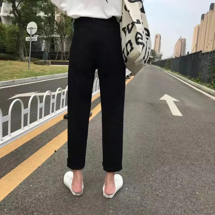 Jeans Trendy Simple Style All-match Solid Hole Soft High Waist