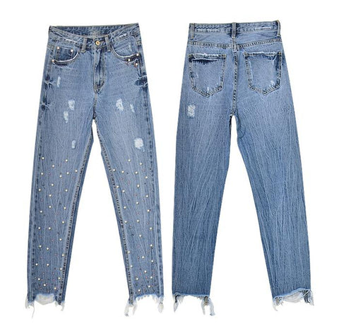Jeans Denim Pants High Waist Slim Straight Pearl Tassel Washed Cowboy