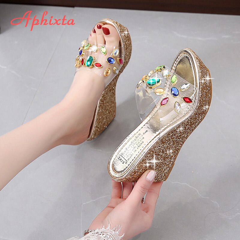 9cm Wedge Slippers Platform Heels Slides Sequined High Ladies Summer Shoes