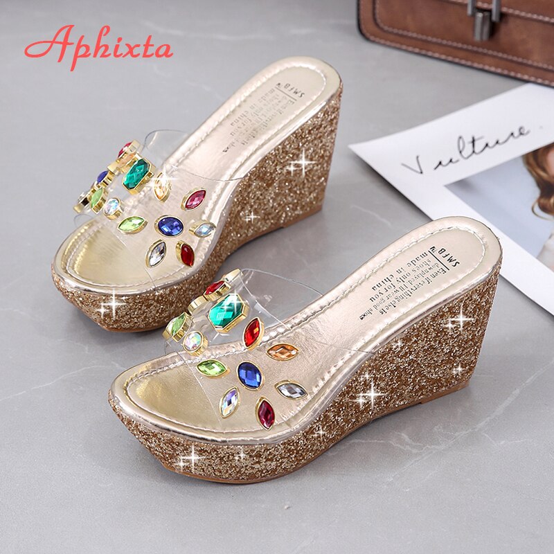 9cm Wedge Slippers Platform Heels Slides Sequined High Ladies Summer Shoes