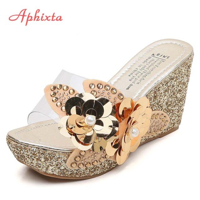 9cm Wedge Slippers Platform Heels Slides Sequined High Ladies Summer Shoes