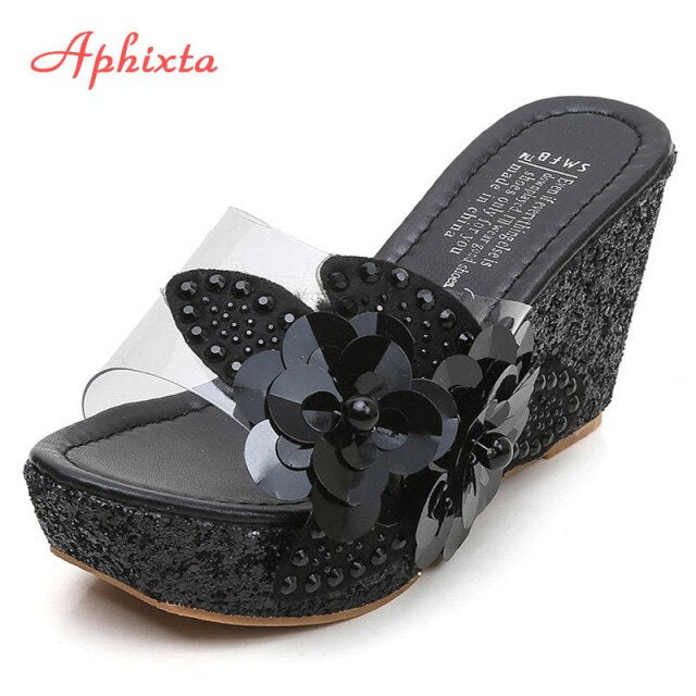 9cm Wedge Slippers Platform Heels Slides Sequined High Ladies Summer Shoes