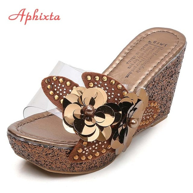 9cm Wedge Slippers Platform Heels Slides Sequined High Ladies Summer Shoes