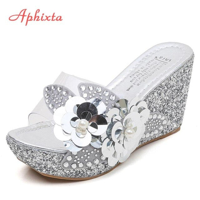 9cm Wedge Slippers Platform Heels Slides Sequined High Ladies Summer Shoes