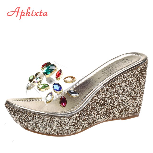 9cm Wedge Slippers Platform Heels Slides Sequined High Ladies Summer Shoes