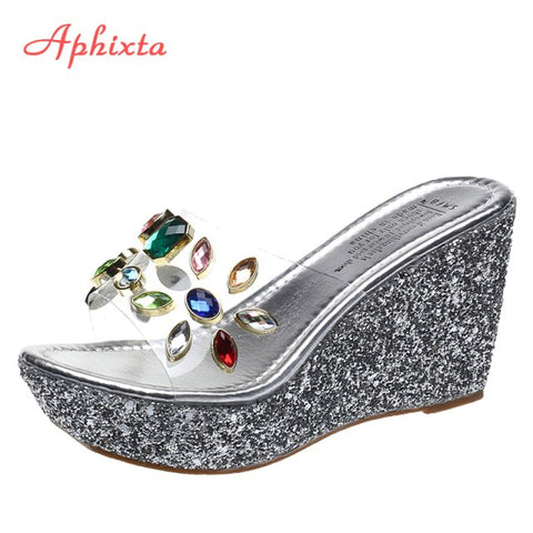 9cm Wedge Slippers Platform Heels Slides Sequined High Ladies Summer Shoes