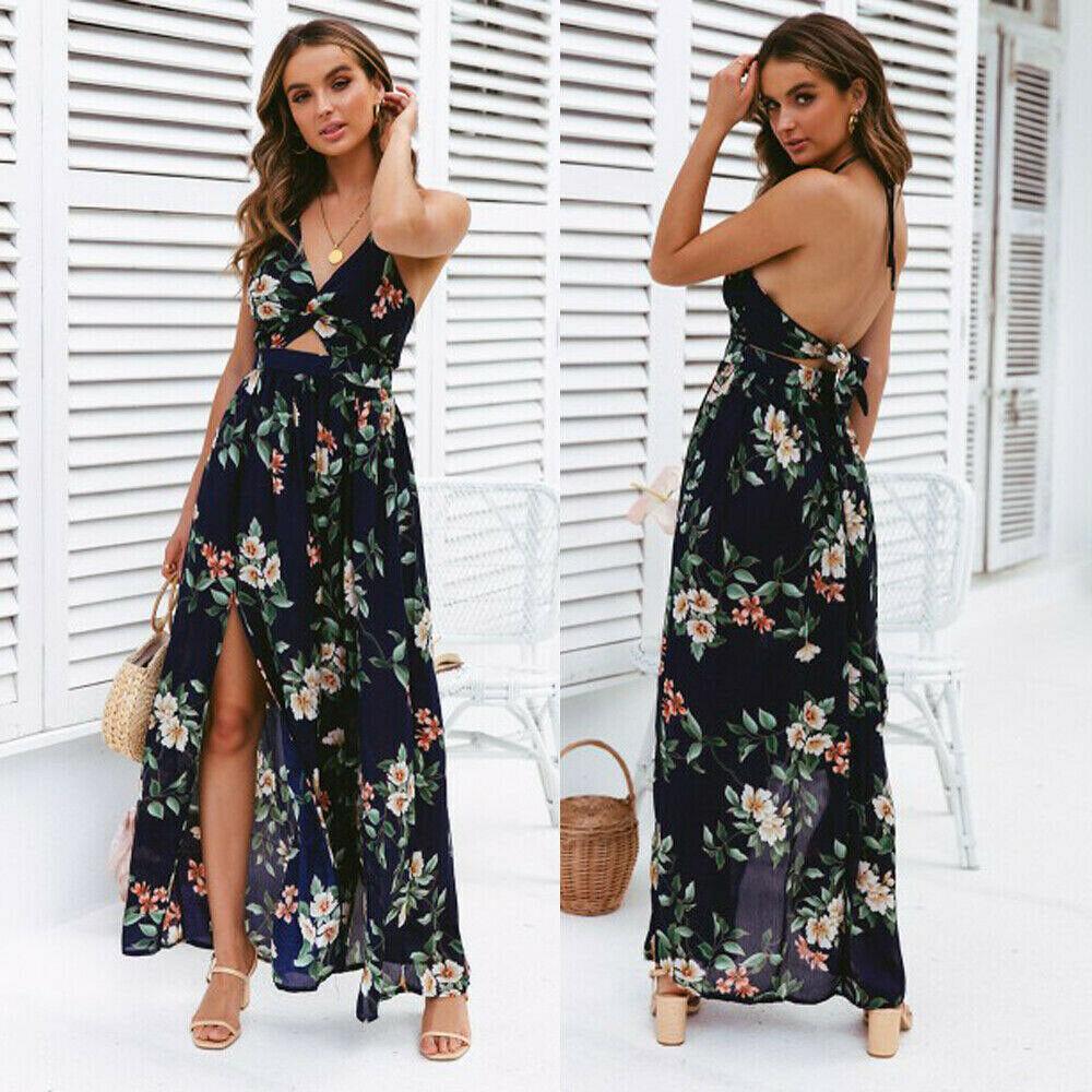 Boho Summer Floral Long Maxi Dress Halter Backless Straps