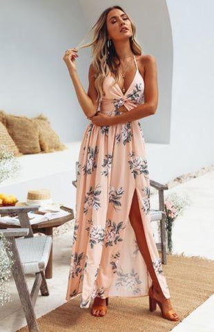 Boho Summer Floral Long Maxi Dress Halter Backless Straps